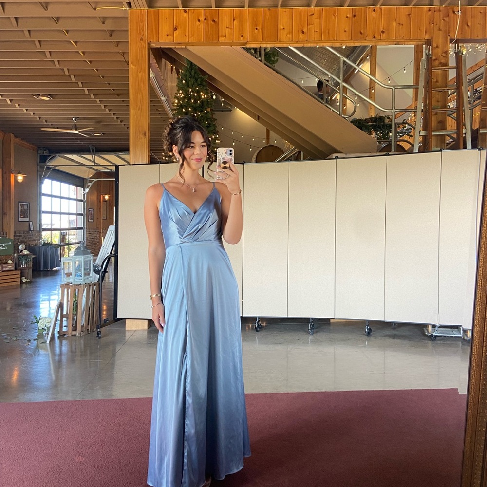 David’s Bridal Satin Dress in Dusty Blue